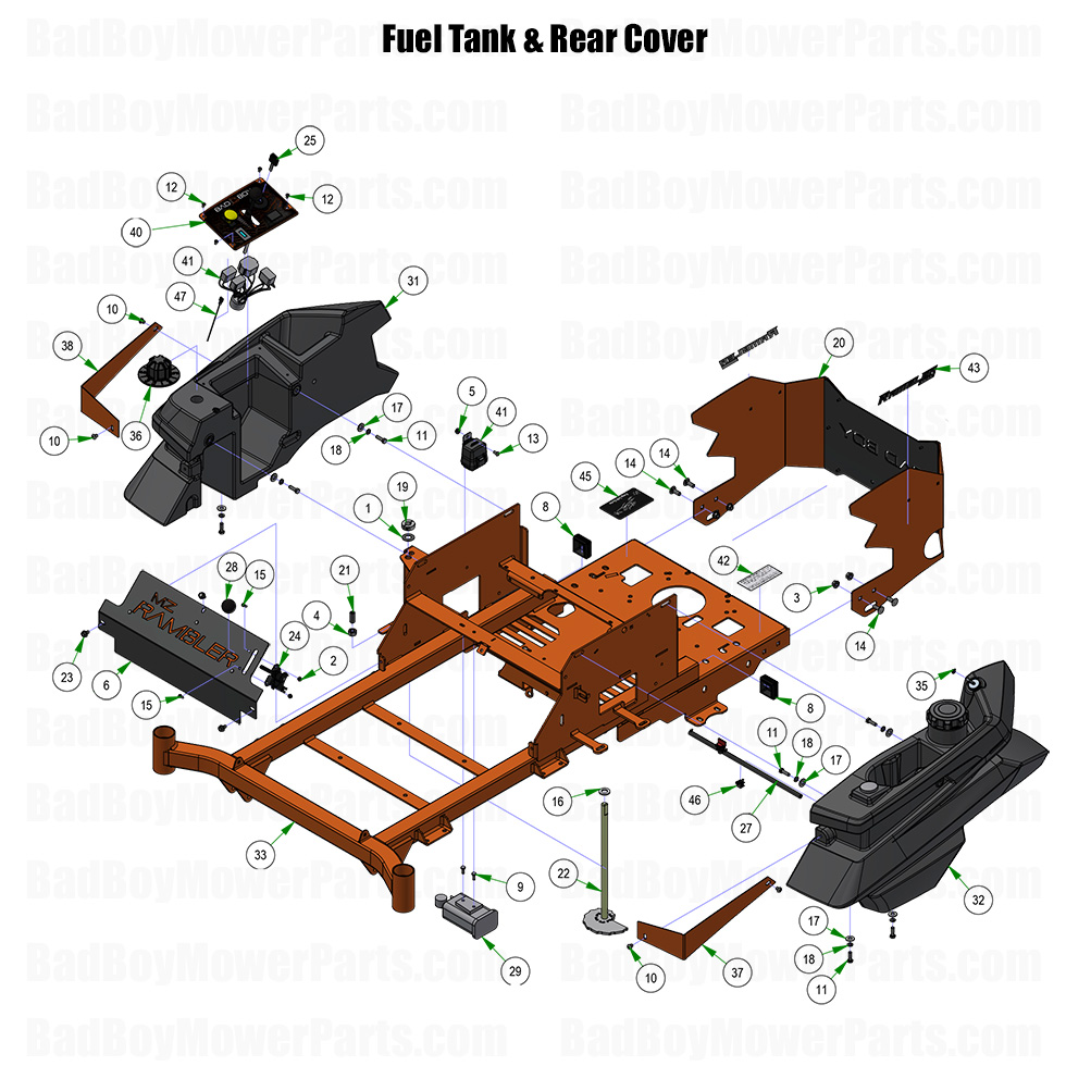 3794 - Bad Boy Mower Parts Lookup > 2025 > MZ Rambler > Fuel Tank & Rear Cover
